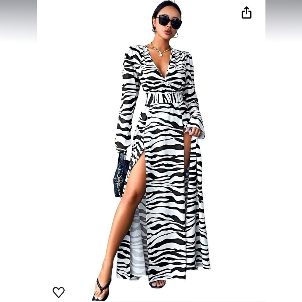 Zebra Striped Print Deep V Neck Wrap Long Sleeve Split Thigh Long Maxi Dress